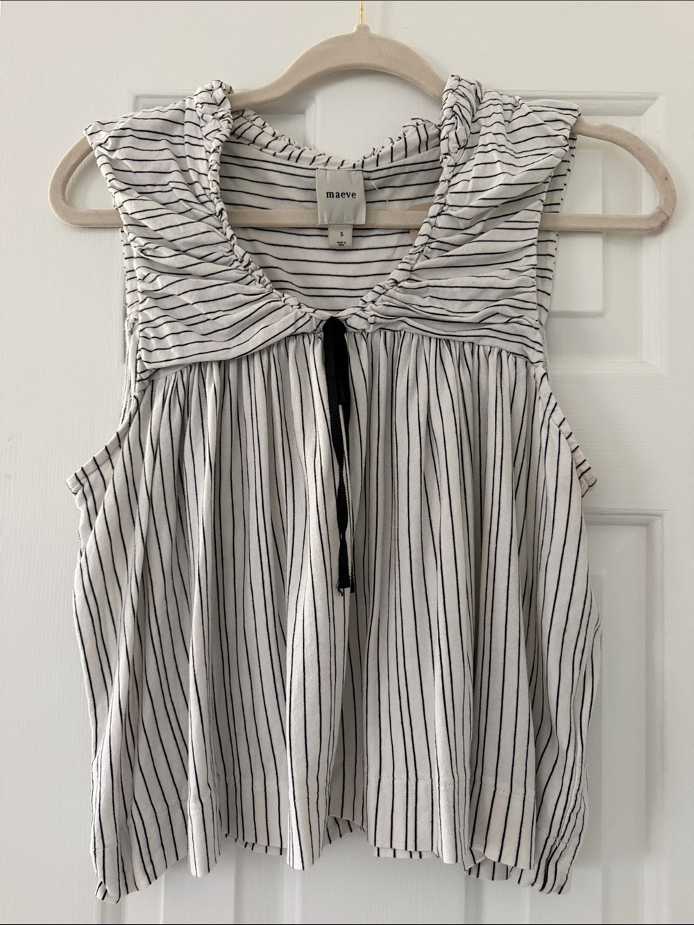 Maeve White and Black Striped Sleeveless Tie-Front Tank